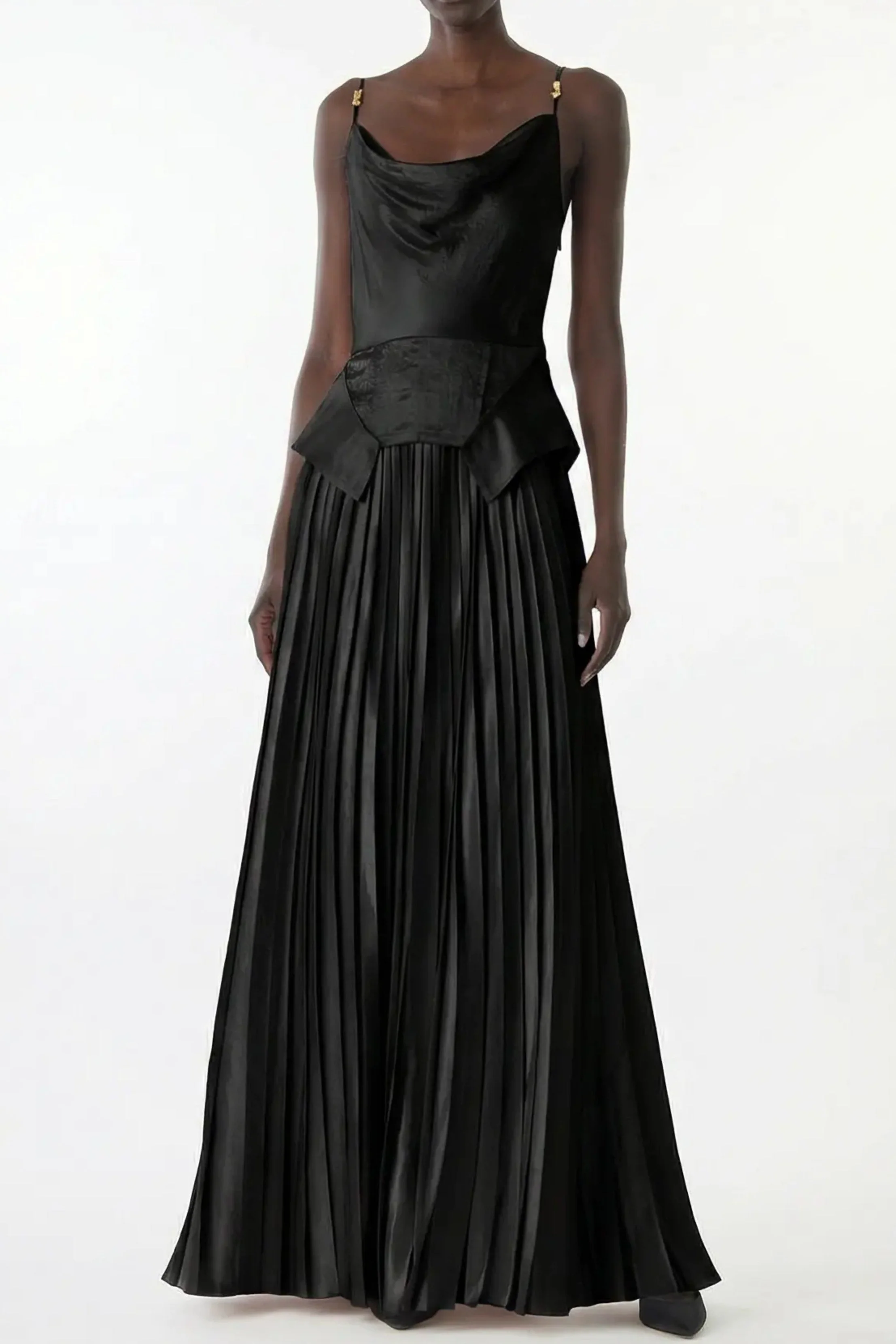 COWL NECK GOWN WITH KNIFE PLEATED SKIRT IN WASHED TWILL - Image 2