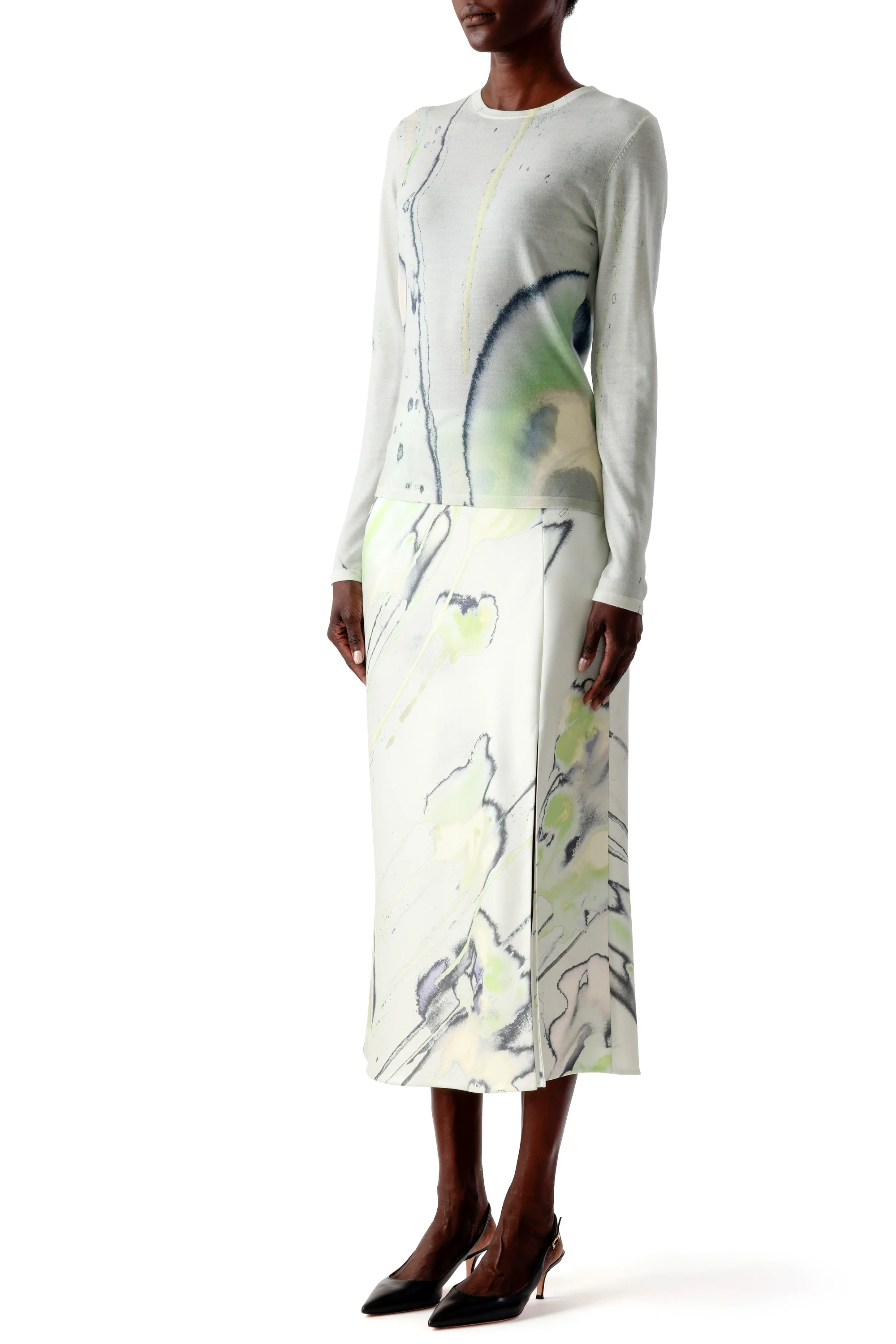 CREPE SATIN WATERCOLOR FLORAL BIAS SLIP PENCIL SKIRT - Image 3