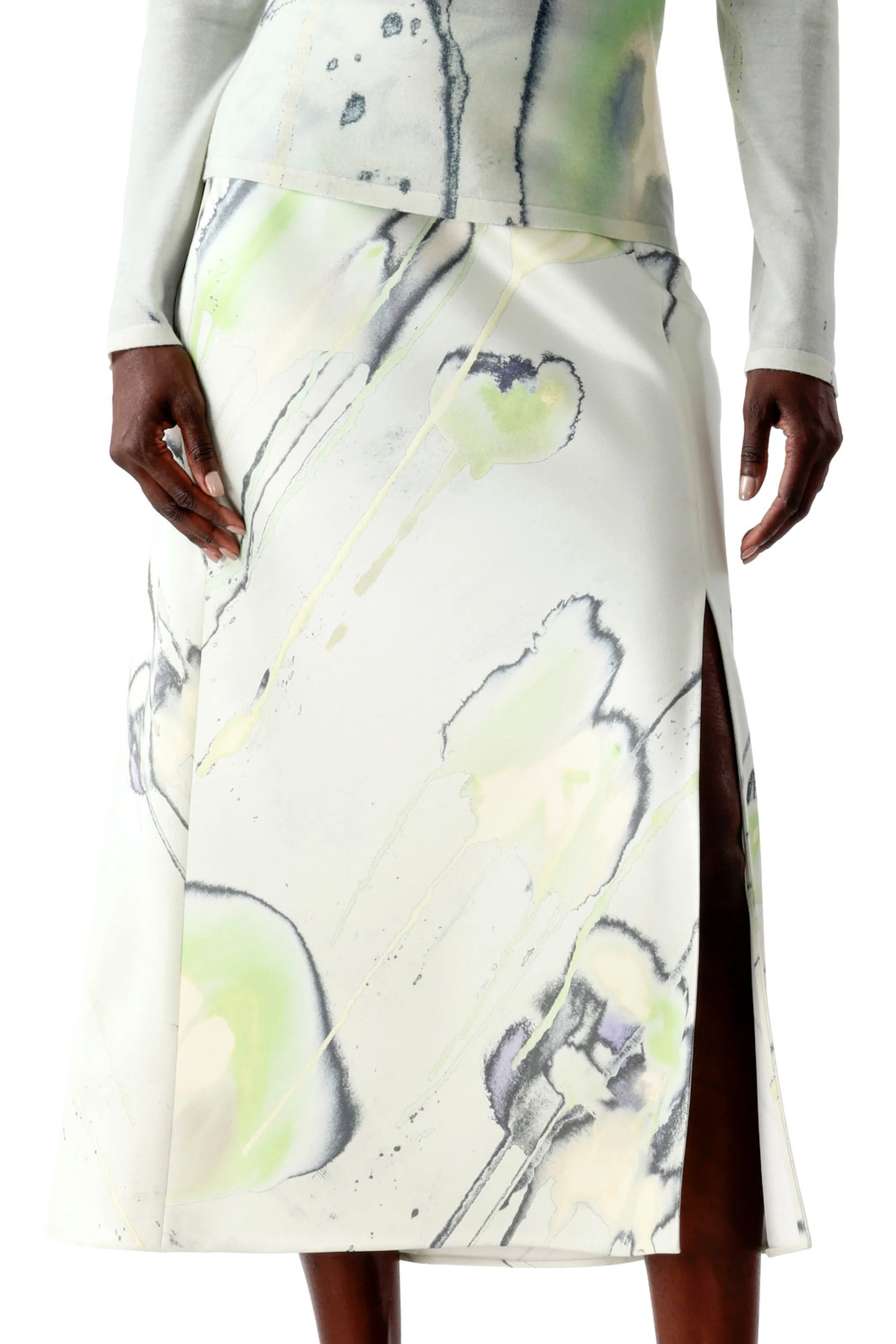 CREPE SATIN WATERCOLOR FLORAL BIAS SLIP PENCIL SKIRT - Image 5