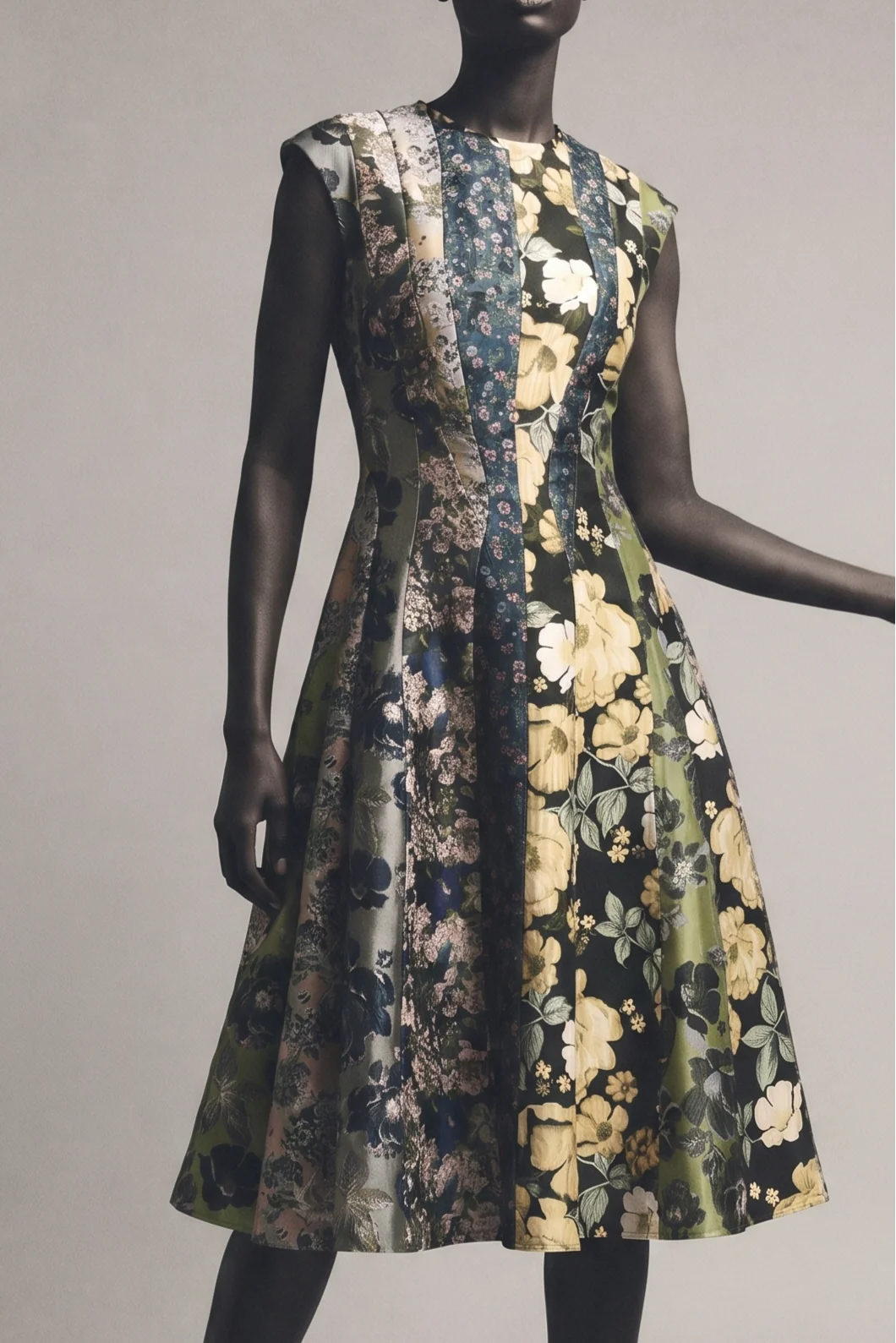 MIXED FLORAL JACQUARD PANELED MIDI DRESS
