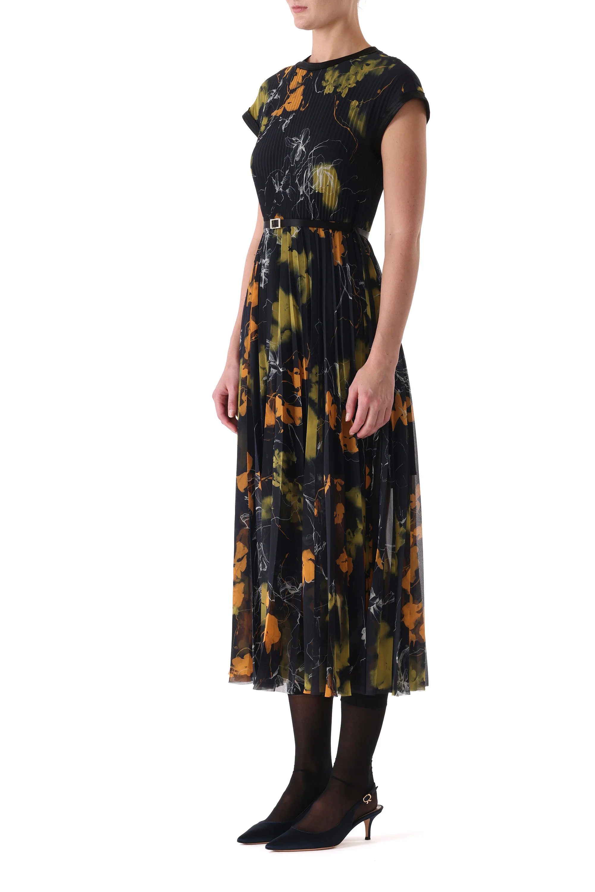 SHADOW FLORAL CREPE CHIFFON PLEATED MIDI DRESS - Image 4