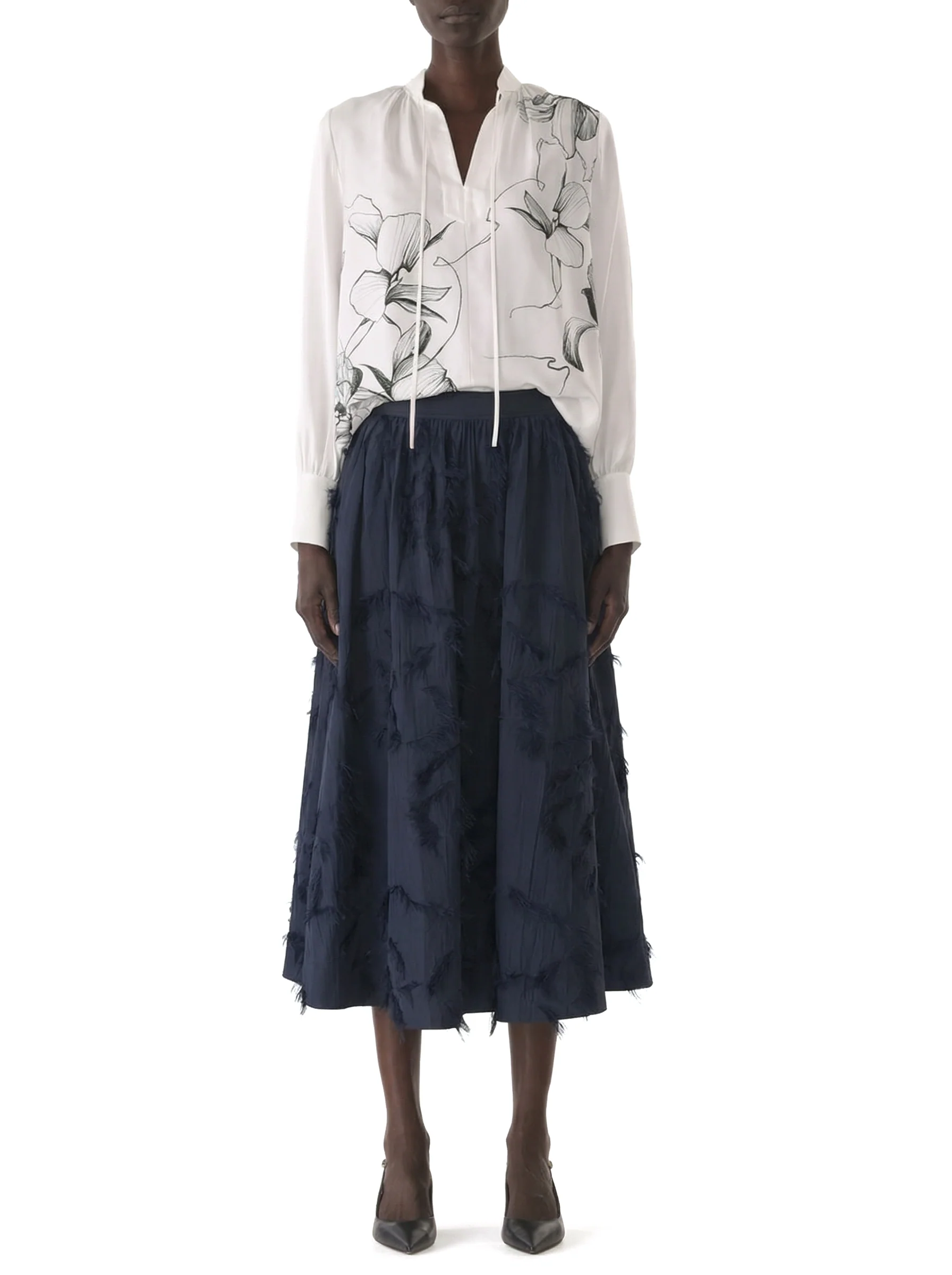 SHADOW FLORAL SILK TWILL TIE NECK BLOUSE - Image 3