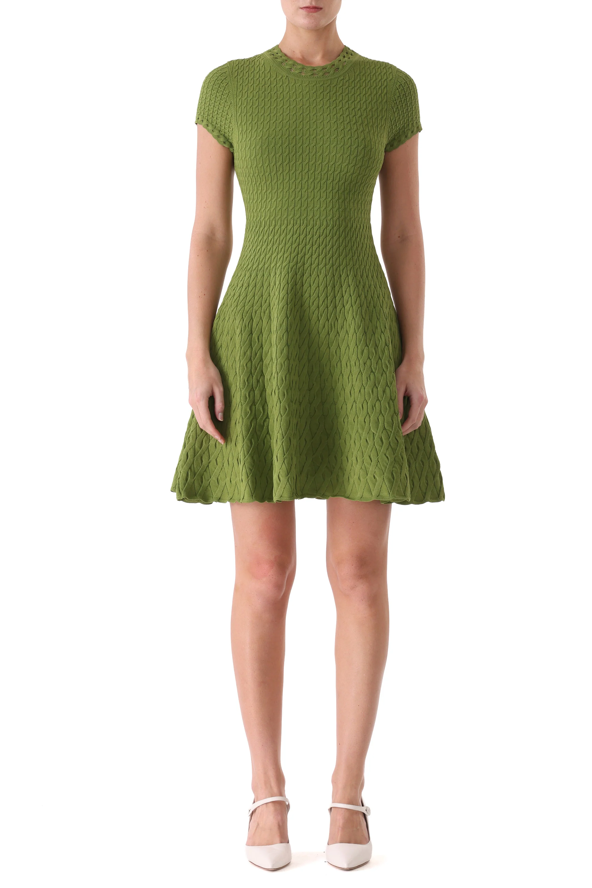 SHORT SLEEVE CABLE KNIT FIT AND FLARE DRESS - Image 2
