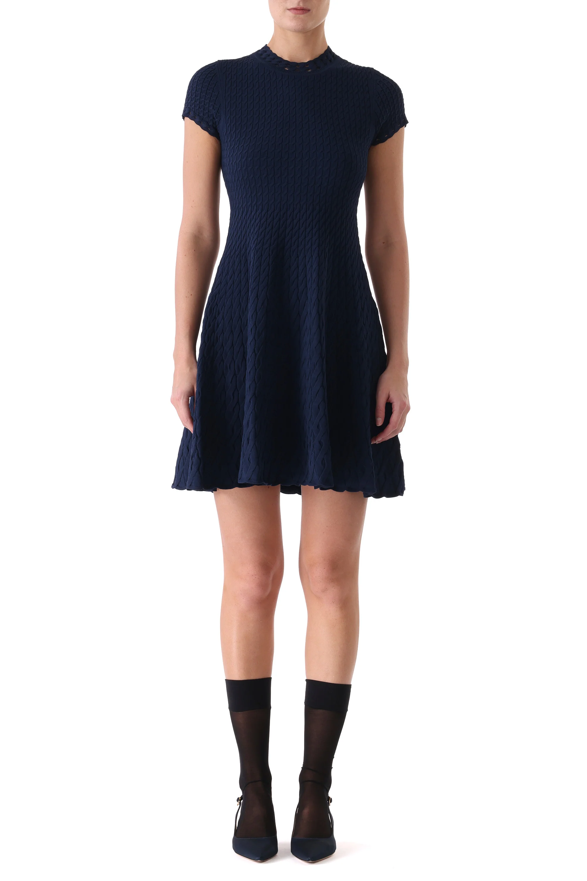 SHORT SLEEVE CABLE KNIT FIT AND FLARE DRESS