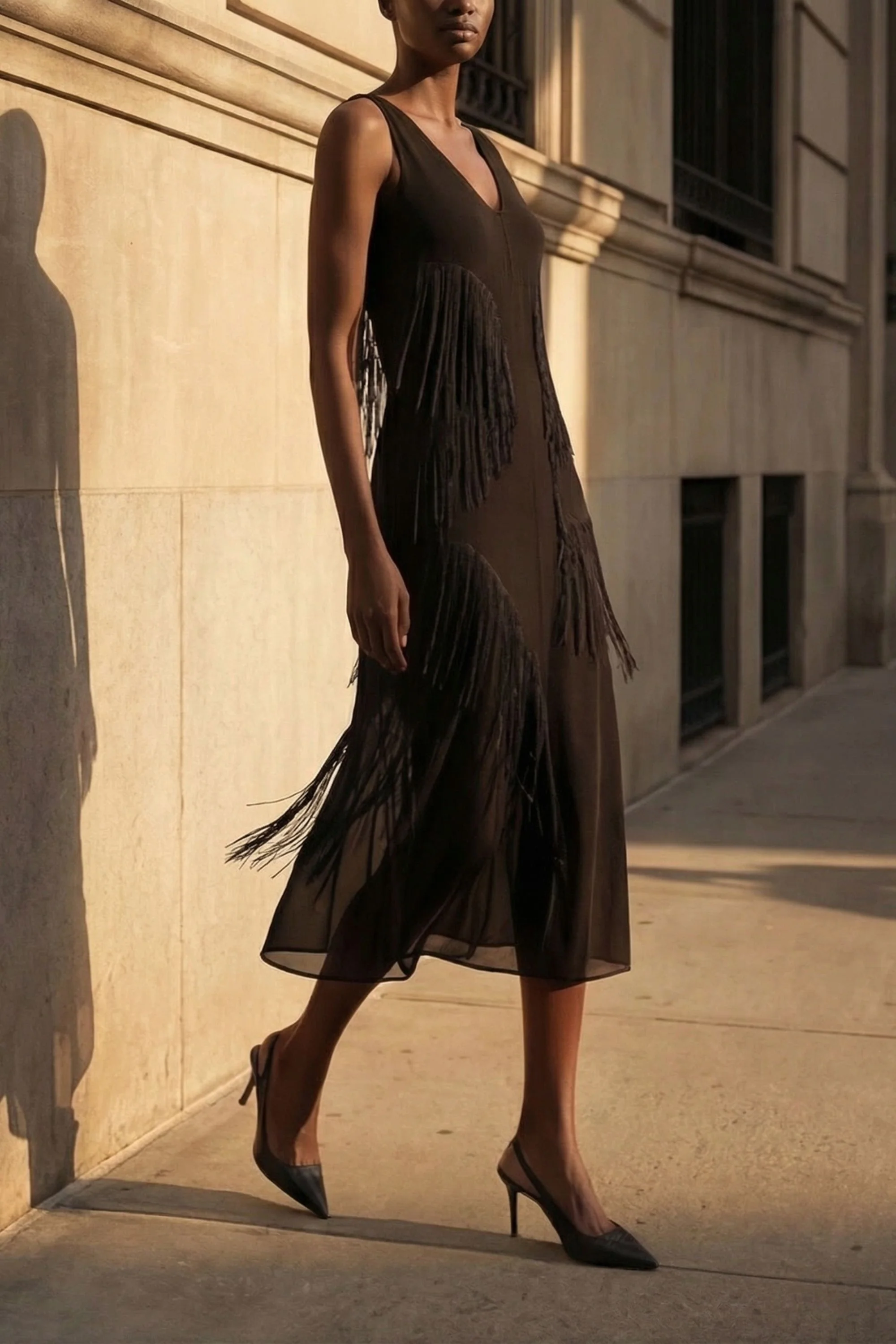 V-NECK FRINGE KNIT MIDI DRESS WITH SLIP