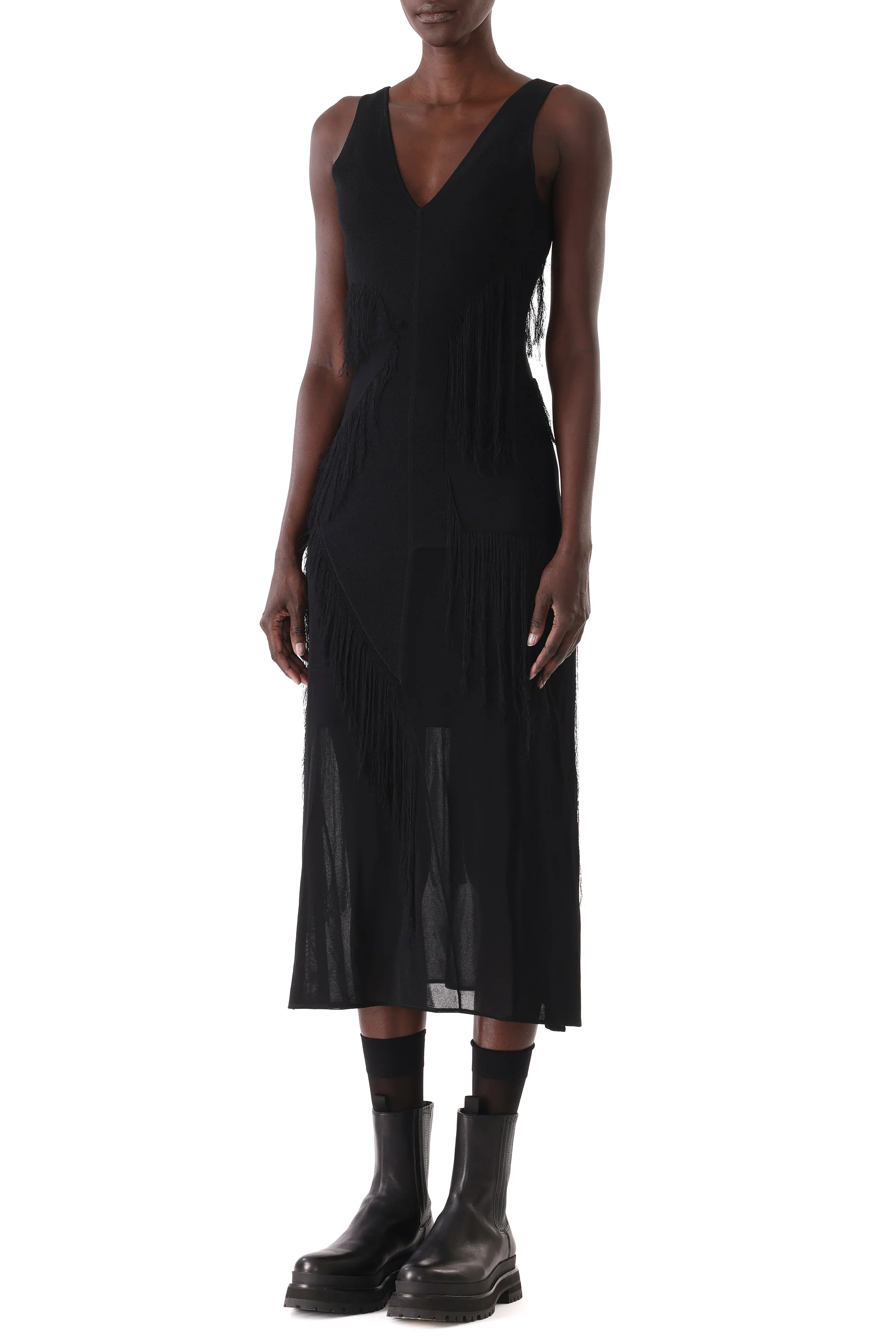 V-NECK FRINGE KNIT MIDI DRESS WITH SLIP - Image 6