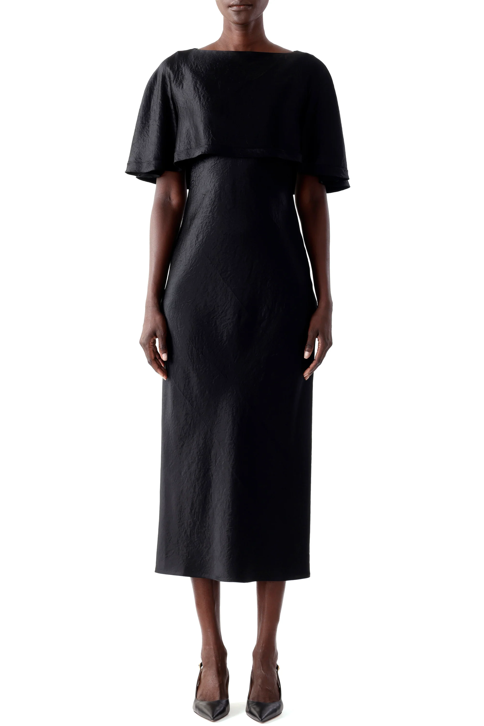 WASHED TWILL CAPE MIDI DRESS