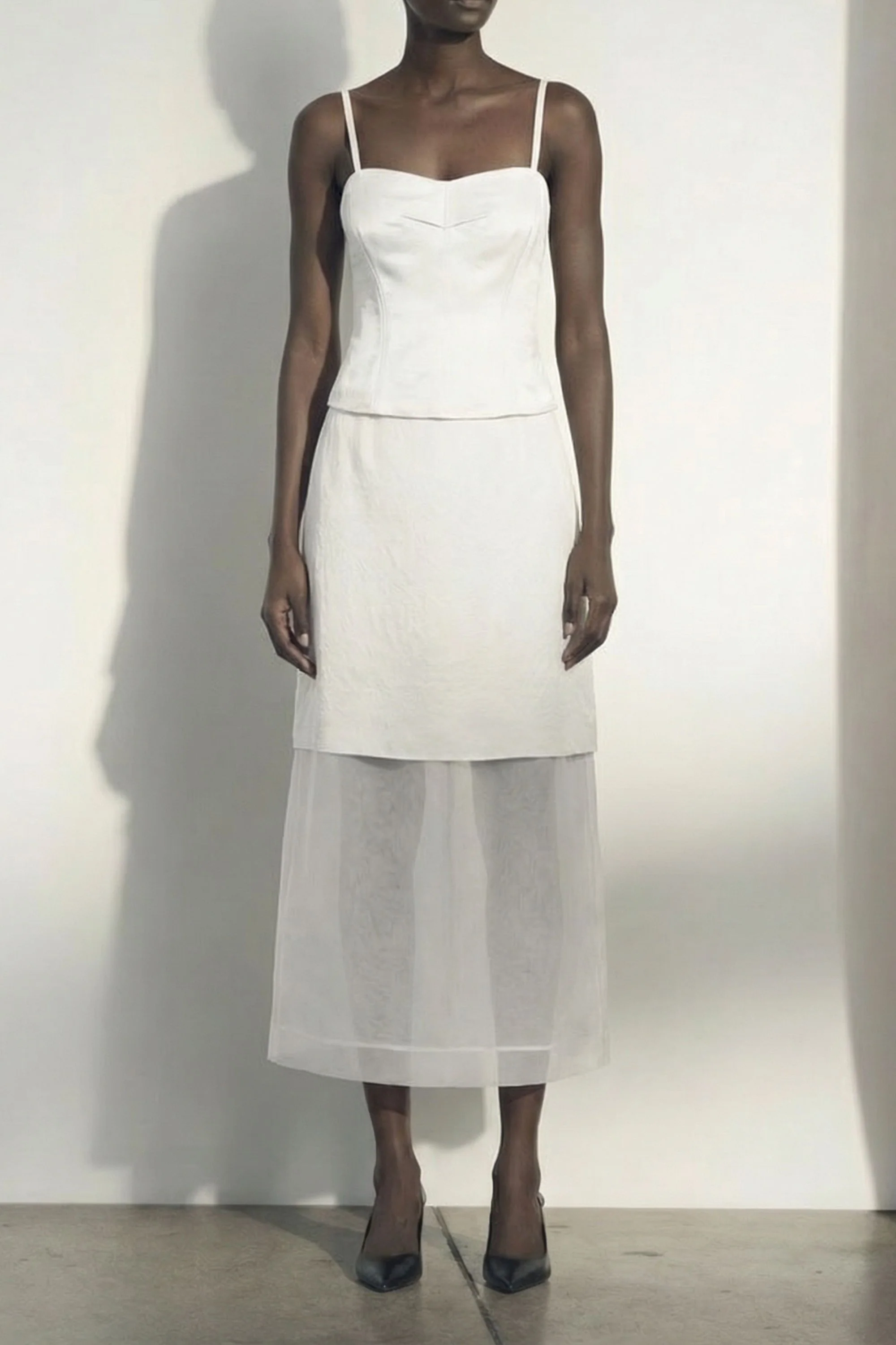 WASHED TWILL LAYERED SLEEVELESS COCKTAIL DRESS