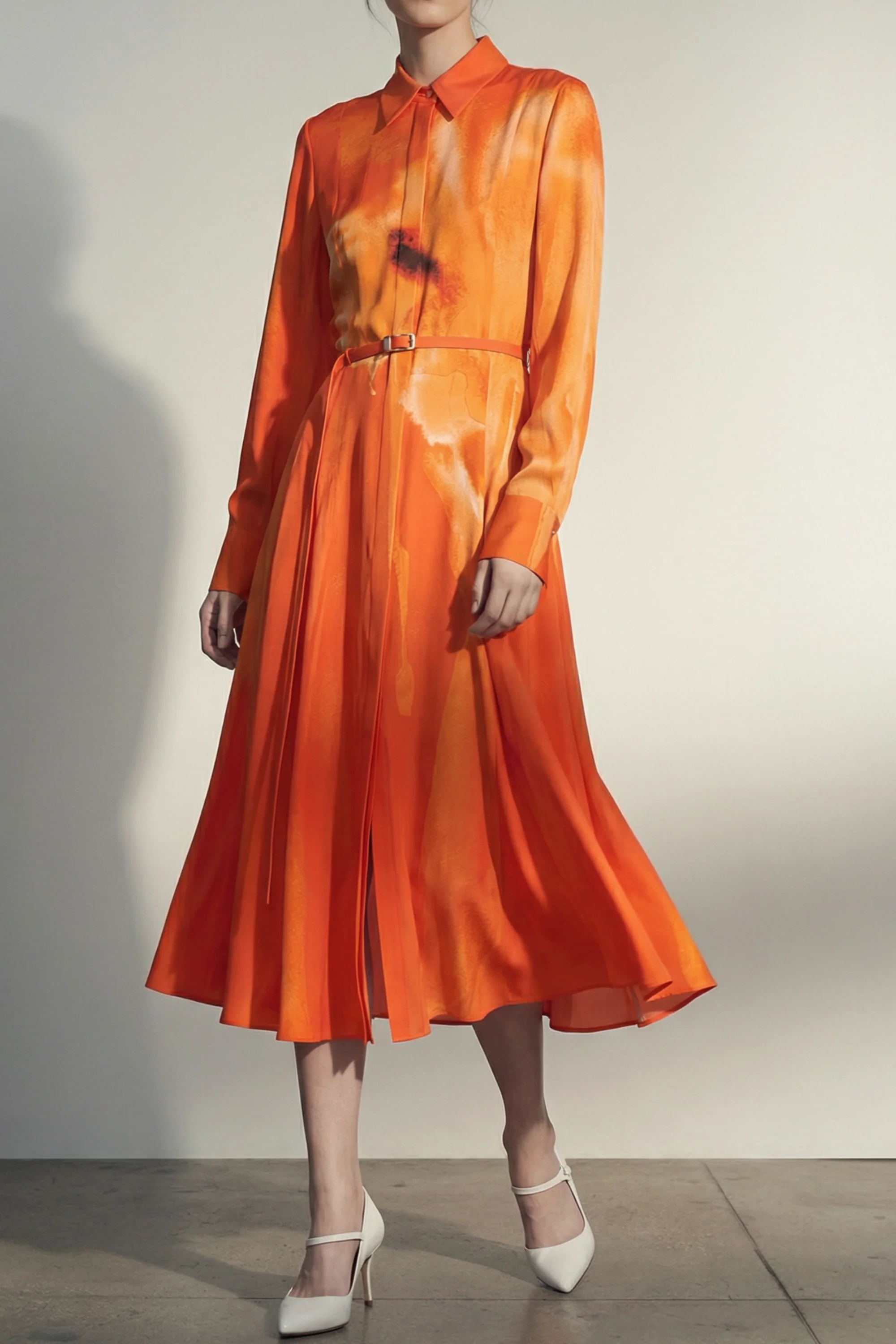 WATERCOLRO FLORAL PRINTED SILK SHIRTDRESS WITH GODET SKIRT