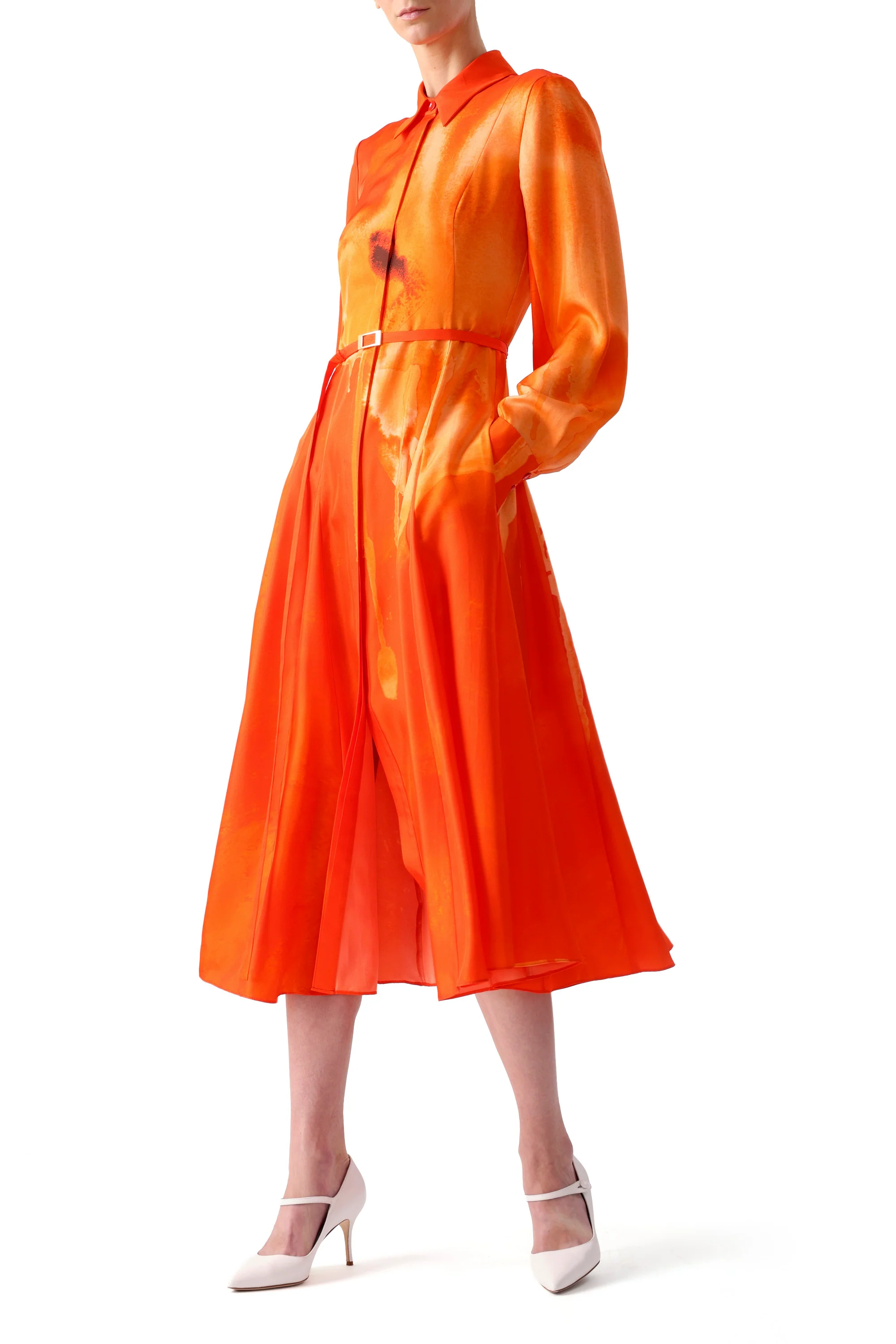 WATERCOLRO FLORAL PRINTED SILK SHIRTDRESS WITH GODET SKIRT - Image 2