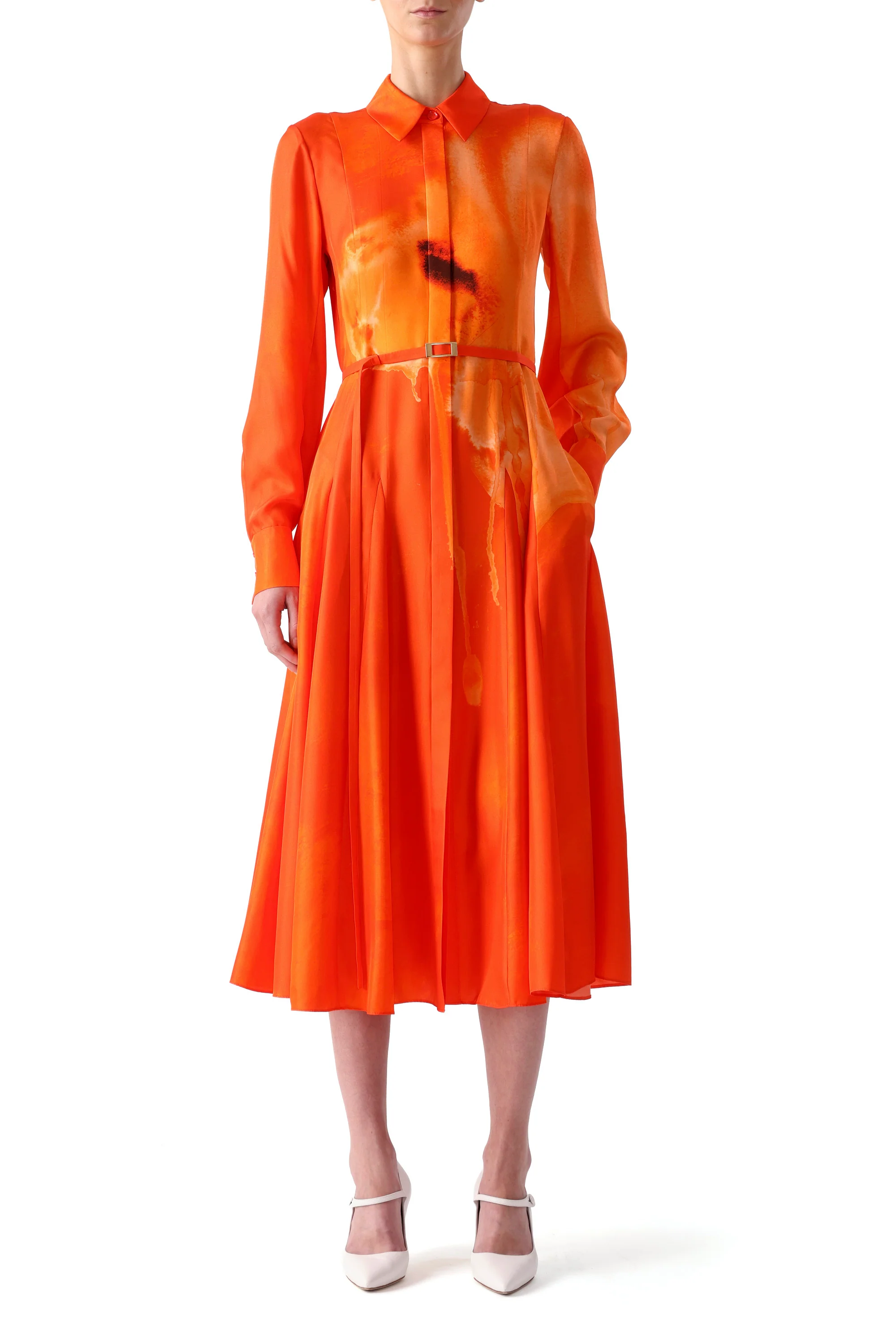 WATERCOLRO FLORAL PRINTED SILK SHIRTDRESS WITH GODET SKIRT - Image 3
